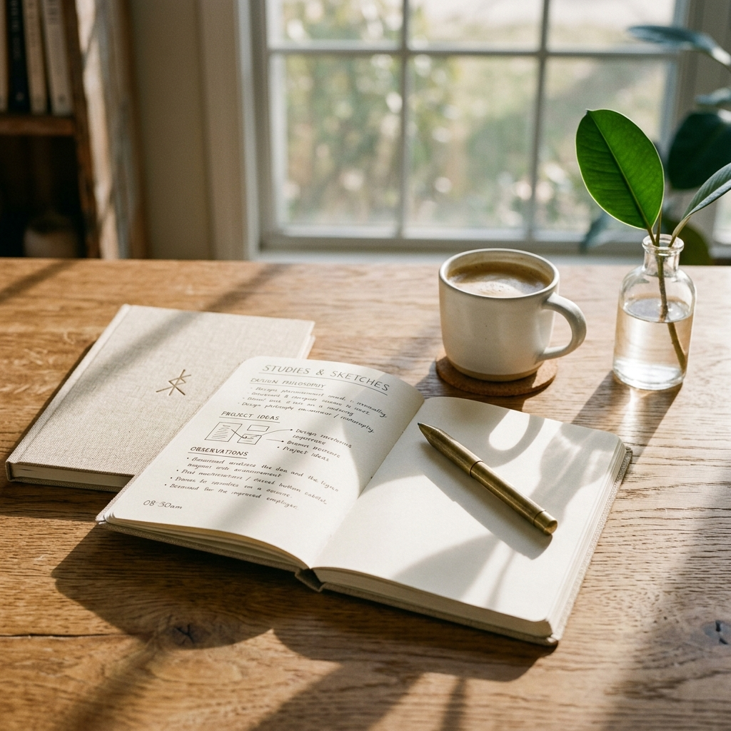 Meja kerja kreatif minimalis dengan buku catatan, pena, dan cangkir kopi, melambangkan fokus, alur kerja, dan produktivitas